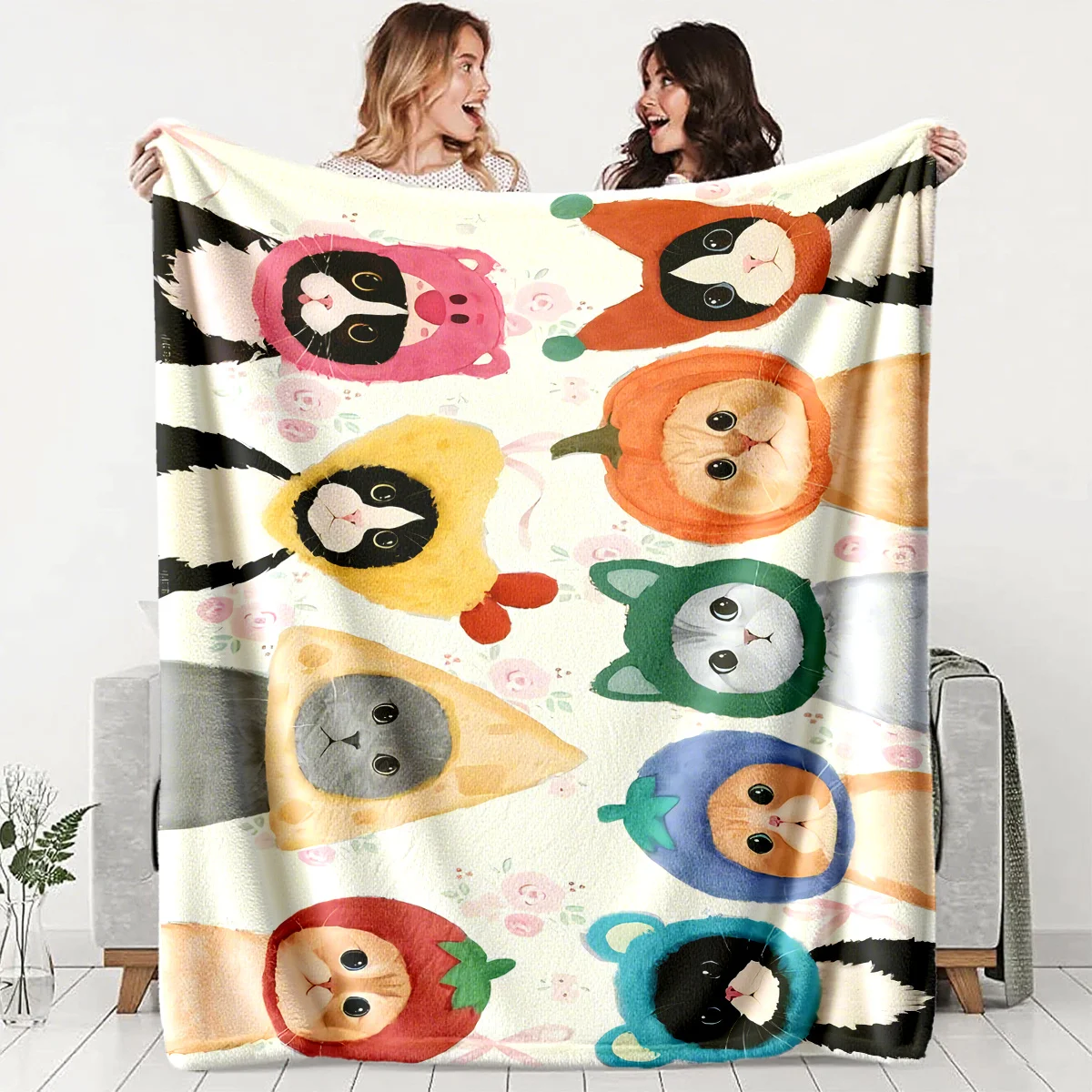 Adorable pets in costume fruit theme Flannel printed blanket suitable for all seasons suitable for living office sofa and travel