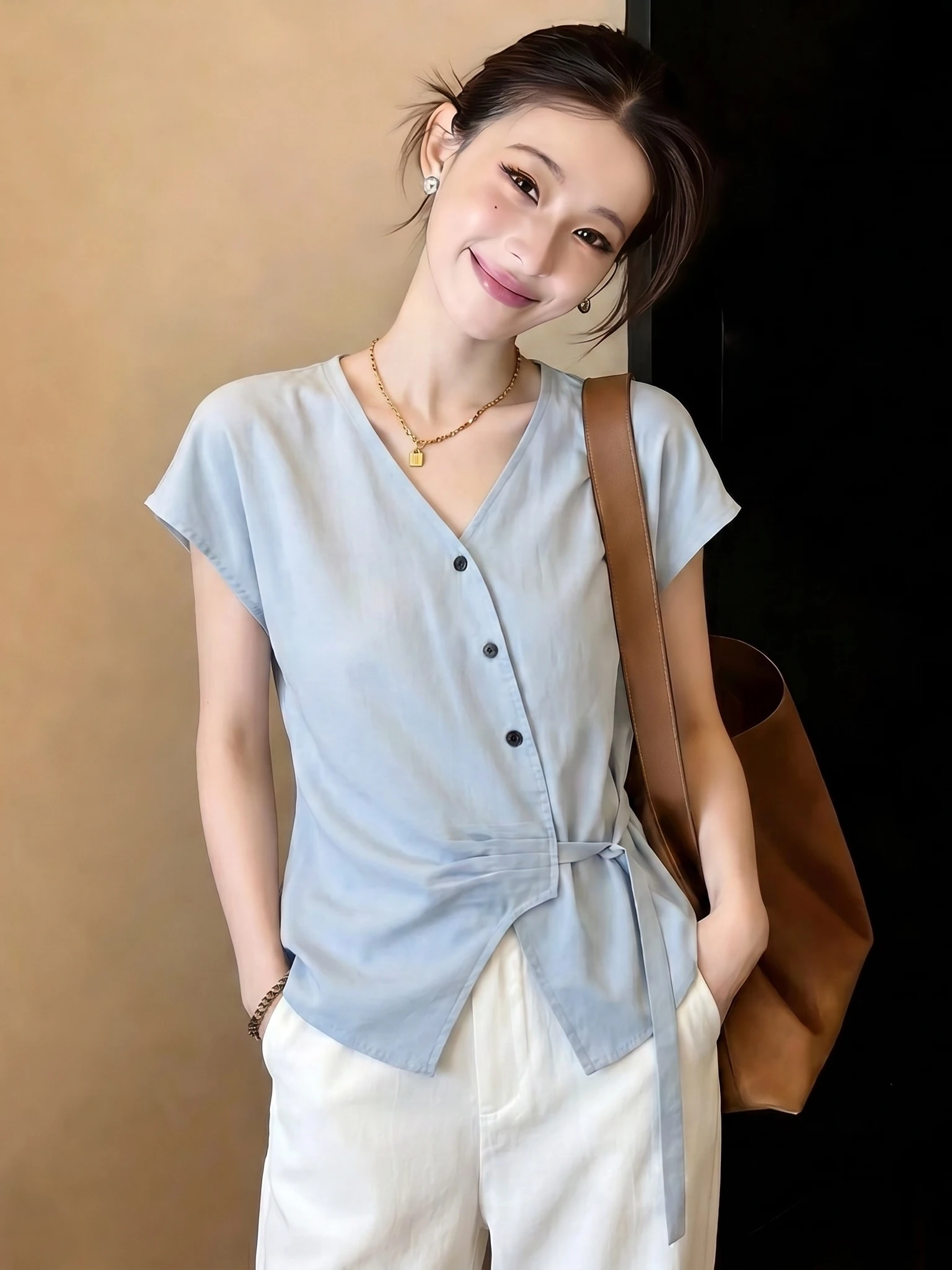 

Light Blue V-neck Short Sleeve Shirt Women's plus Size Summer New Style Tie Waist Slimming Top Korean Style Loose Fit Commute