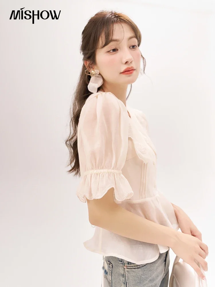 MISHOW [Van Gogh/Sunflower Collection] French Sweet Blouses Summer Puff Sleeve Embroidery Peter Pan Collar Top MXC39X0099