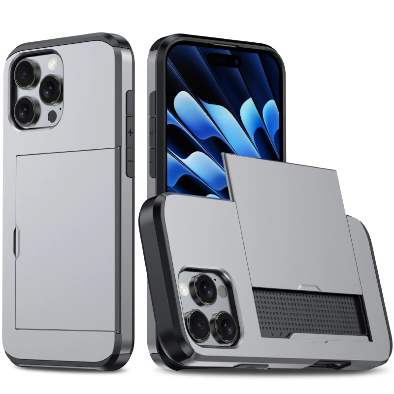 Push Pull Wallet Kaartsleuf Effen Kleur Schokbestendig Telefoonhoesje Voor iPhone 16 Pro Max 14 11 12 13 15 Pro Max Mini Bumper Achterkant