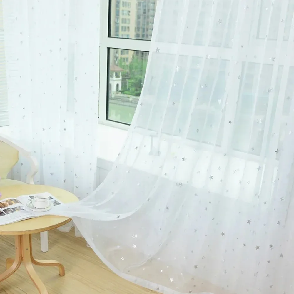 Shiny Stars Baby Curtains White for Bedroom Modern Living Room Kitchen Tulle Curtains Green Sheer Fabrics Treatment