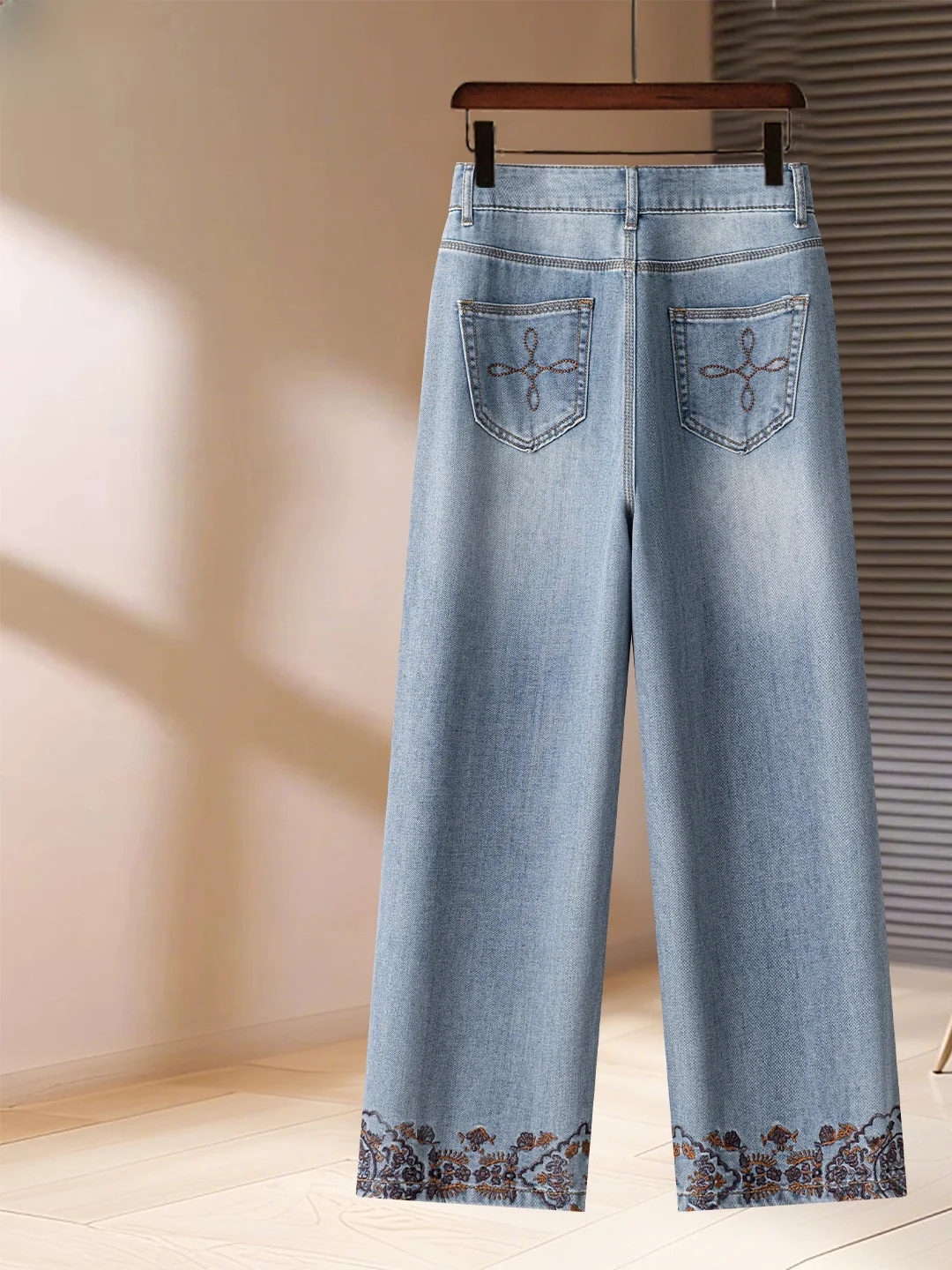 High Waist Straight Leg Embroidered Wide Leg Jeans Women's Summer Thin Large Size Fat MM Slimming Retro Denim Pants