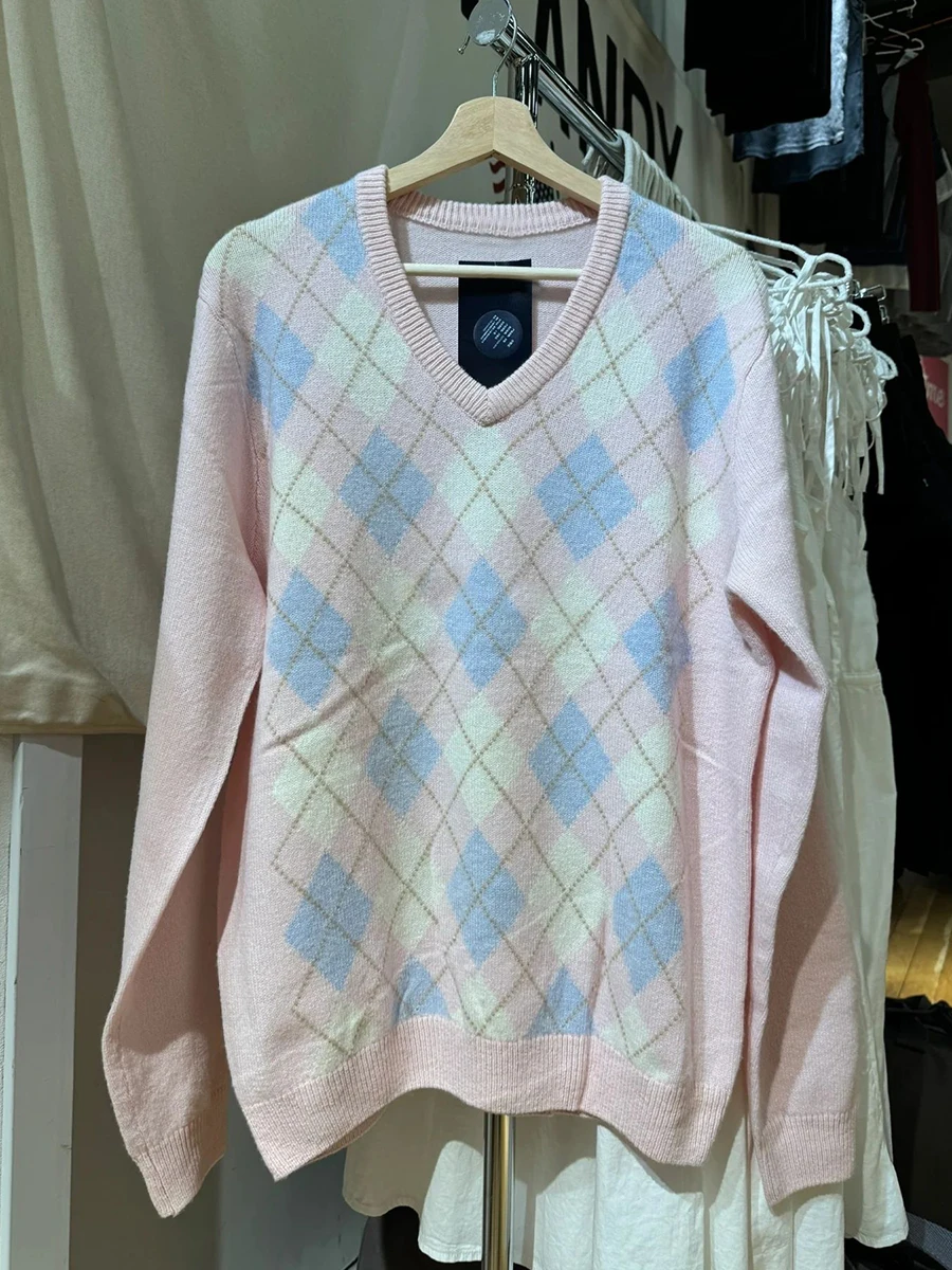 Pink Argyle Sweet Knitted Sweater Woman Autumn V-neck Long Sleeve Cotton Jumper Top Casual Cute Preppy Style Pullover Y2k Tops