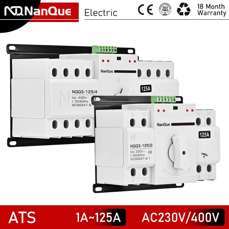 

AC230V 400V ATS 2P Dual Power Automatic Transfer Switch 4P Three Phase ATS 40A 63A 100A 125A Switch CB Class Manual Change Power