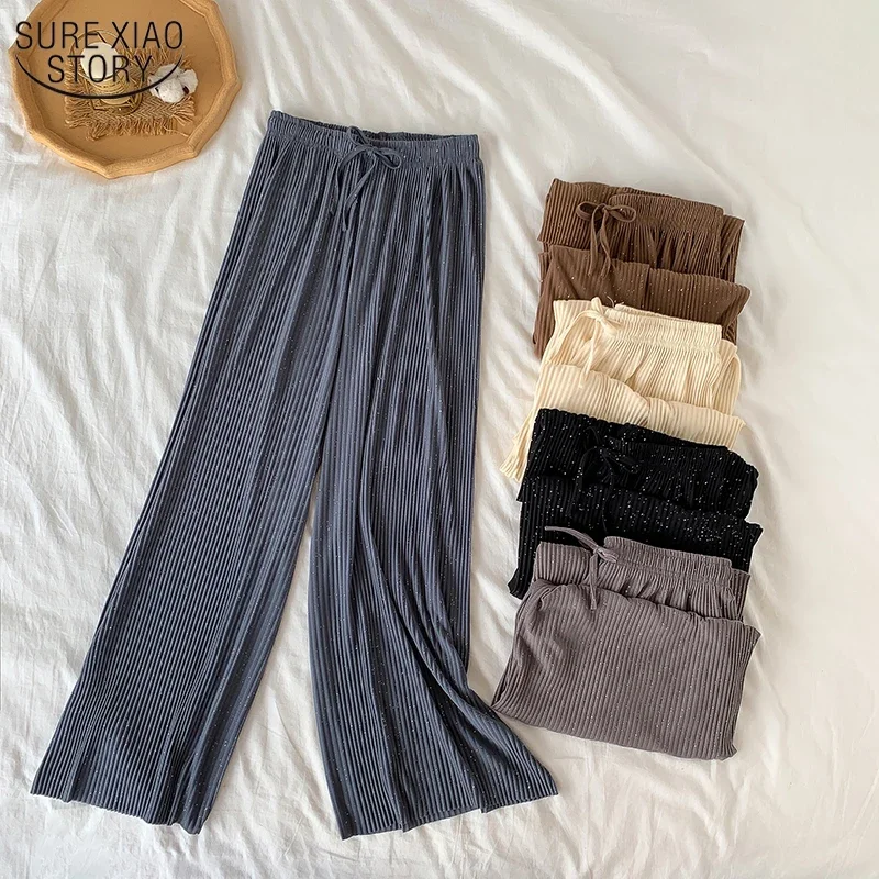 

High Waist Pants Women Loose Solid Pleated Straight Women Pants Drape Elastic Waist Shiny Casual Wide Leg Trousers 10377