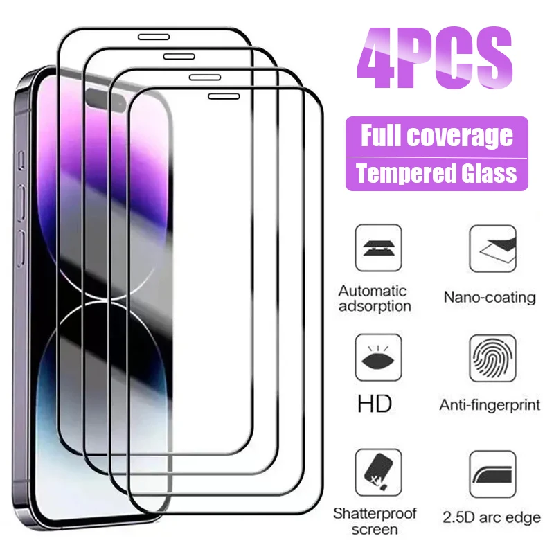 

Защитное стекло Full Cover (4 шт.) для iPhone 14, 13, 11, 12, 15, 16 Pro Max, 13 Mini, Xr, X, Xs, 7, 8 Plus, SE 2020
