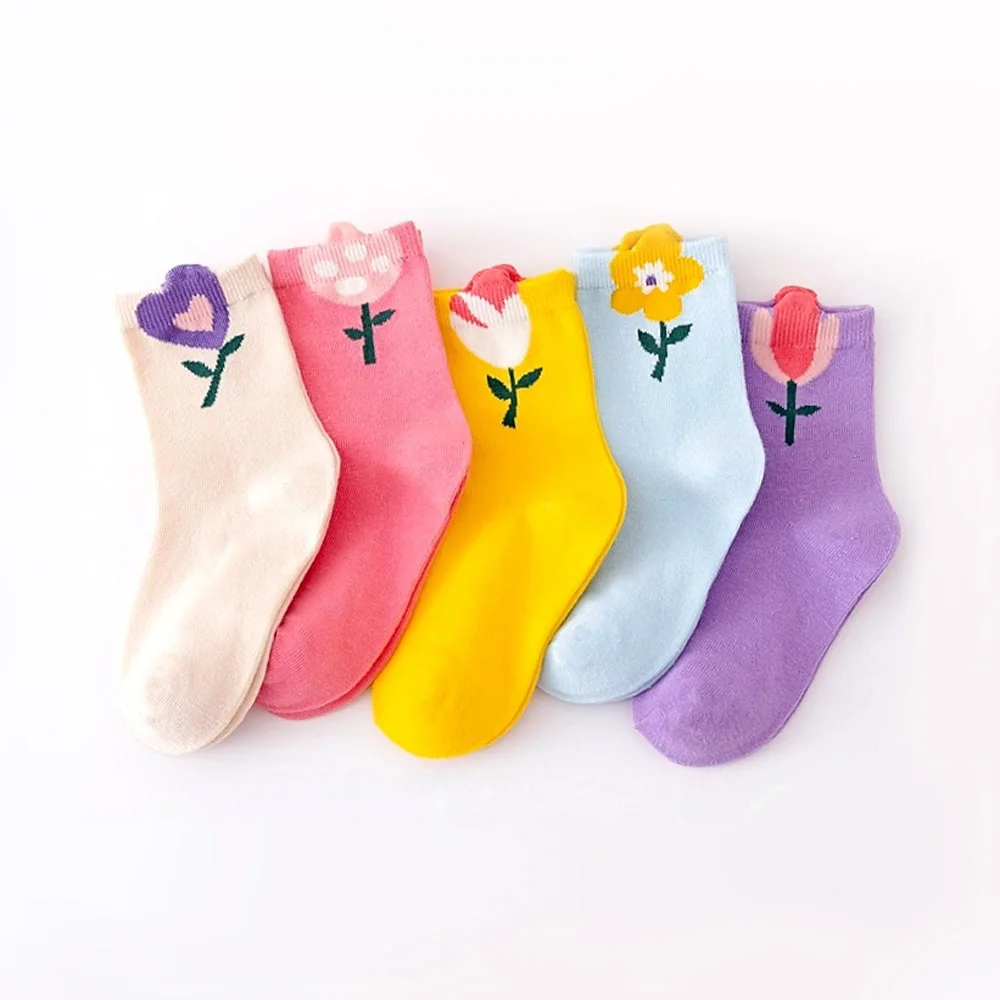 5 paia di calzini da ragazza con motivo floreale simpatico cartone animato, comodi calzini traspiranti per bambini