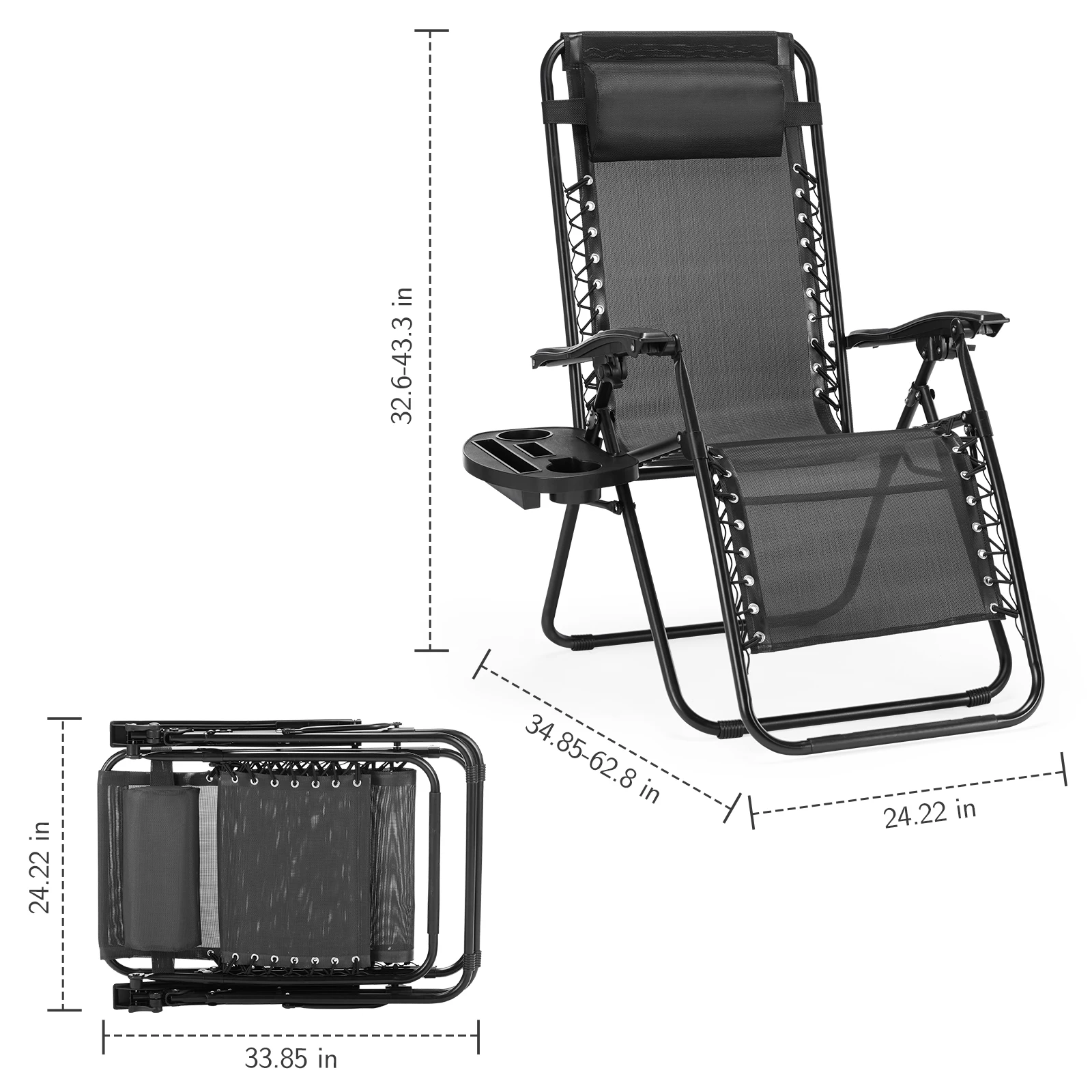 JHK Zero Gravity Conjunto de 2 poltronas reclináveis portáteis para acampamento, pátio, jardim ao ar livre, espreguiçadeira com suporte para copos, travesseiro ajustável