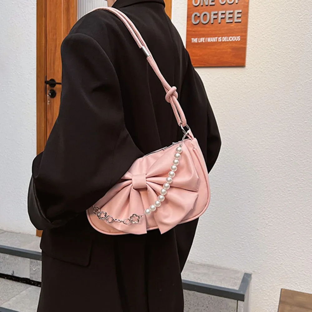 Trendy Pearl Bow Shoulder Bag Underarm Bag Daily Commuting Bag Casual Handbag Solid Business Women\'s Bag
