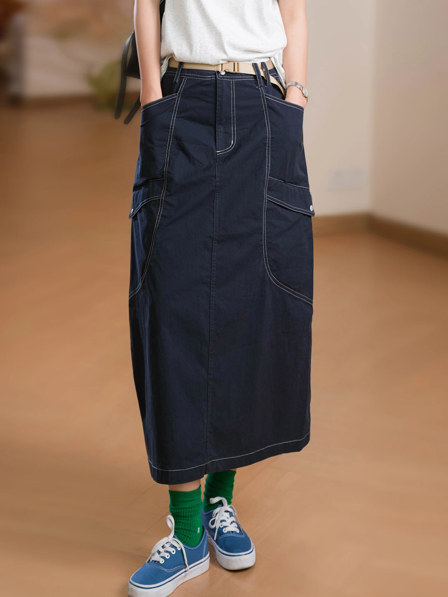 Workwear  Skirt Cotton Multi-line Partition Large Pocket Belted Women's High Waist Straight Cut Spring Summer Fashion