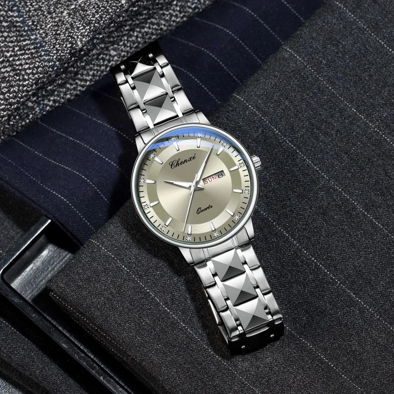 Chenxi 601 moda masculina relógio de quartzo calendário esportivo luminoso pulseira de aço inoxidável à prova dwaterproof água simples relógios de negócios para homem