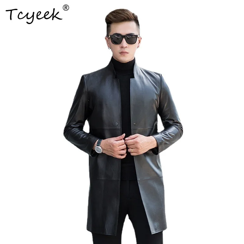 

Tcyeek из овчины, весна-осень, корейская черная мужская куртка средней длины с воротником-стойкой Jaquetas Masculino 가죽자켓