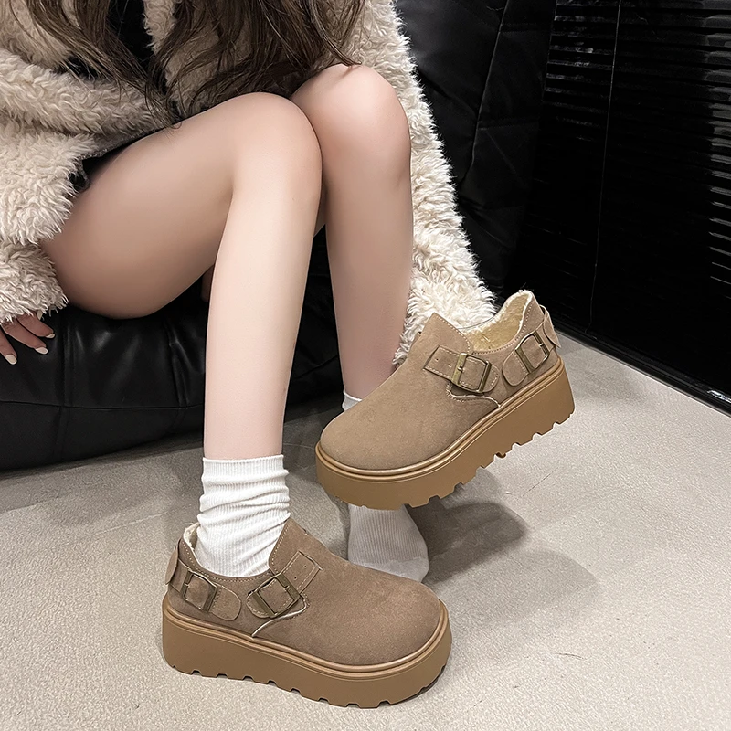 Thick Soled All Inclusive Boken Women's Shoes 2024 New Autumn and Winter One Foot Add Velvet Casual Retro Boken Loafu Shoes