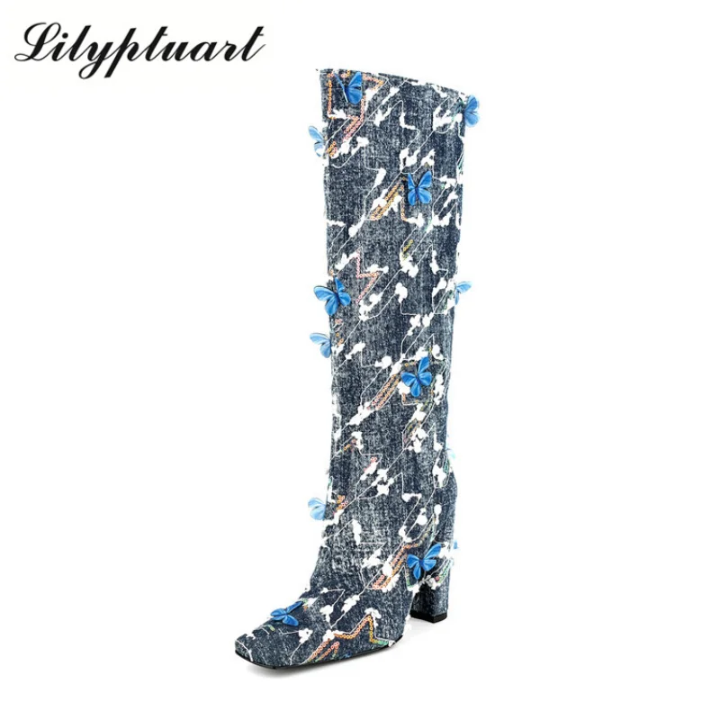 

Women's Fashion Sequin Embroidery Denim Thick High Heel Square Head Wide Leg Boots Elegant Butterfly Decorative Catwalk Shoes