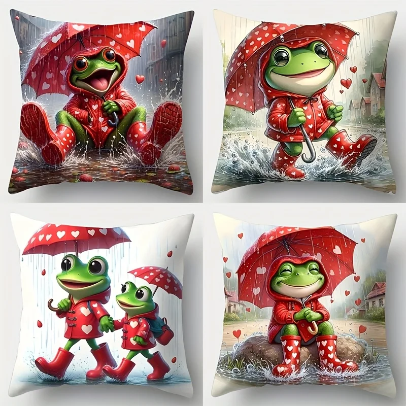 4pcs Fashion Frog Cartoon Print Pillow Covers Frog Pattern Design Modern Style Decorative Cushion Cases for Living Room Sofa