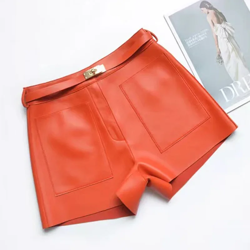 Genuine Leather Sheepskin Leather Shorts Women New Arrival 2025 Casual  Versatile White Belt Botton Short Mujer Pant Short Pants