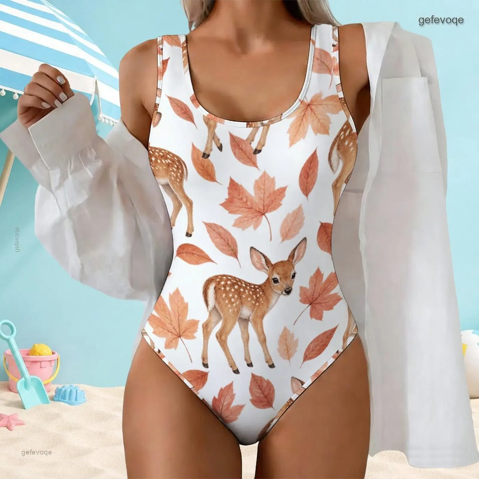 Women Sleeveless Scoop Neck One Piece Swimsuit, Printed Spotted Fawn and Maple Leaf Pattern