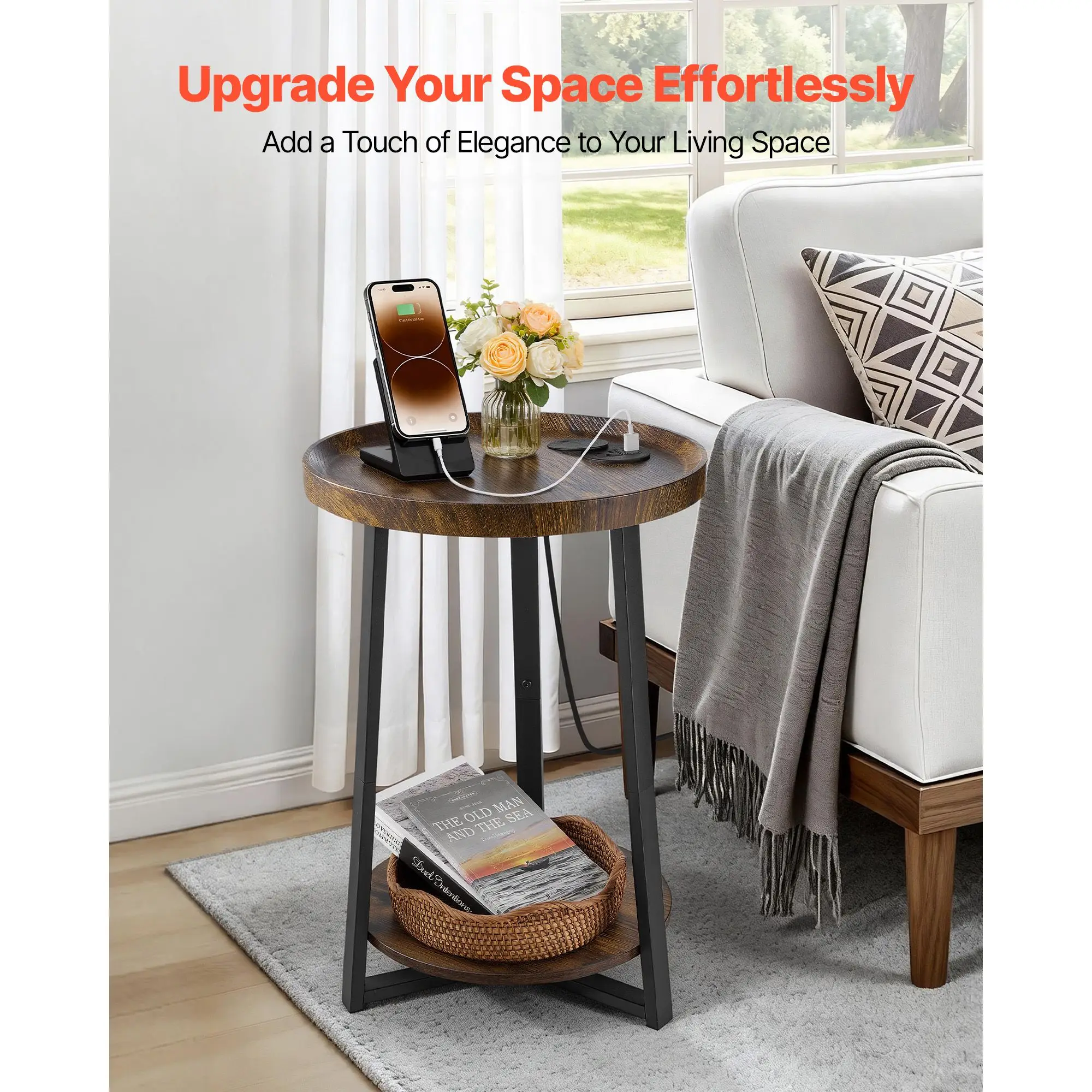 End Table, 2-Tier Round Side Table with Open Storage Shelves, Modern Nightstand Bedside Desk with USB & AC Charging Port, Wood S