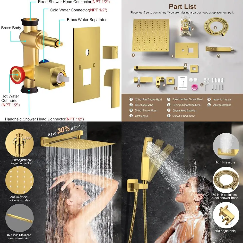 

12-настенный тропический душ высокого давления с ручным управлением, роскошный набор для душа из матового золота