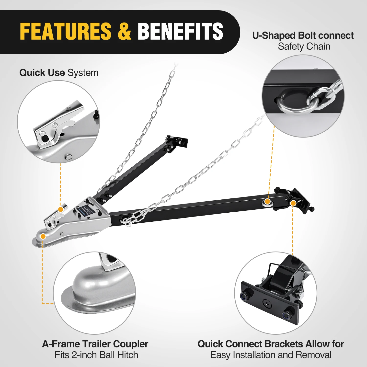 Nilight Tow Bar with Safety Chains, Coupler Fits 2-Inch Hitch Ball, 5500 lbs Towing Capacity, 41-in Opening Width, Bumper-Mounted Universal Towing Bar for RV, Car, Trailer, Truck, Alloy Steel
