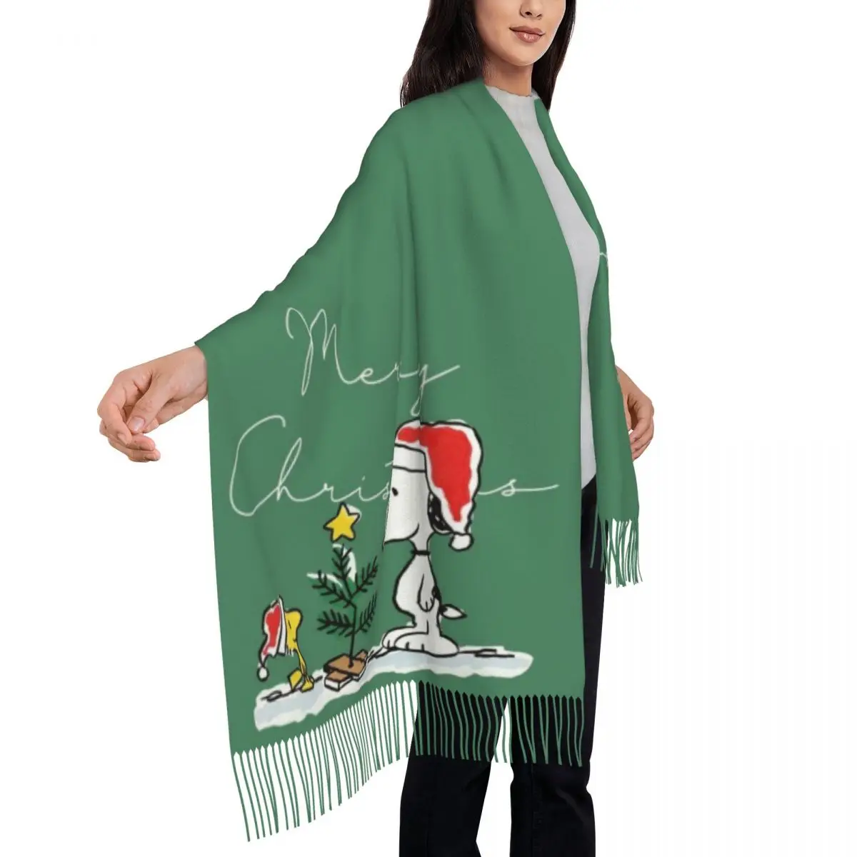 Custom Merry Christmas S-Snoopys Tassel Scarf Women Soft Shawl Wrap Lady Winter Scarves