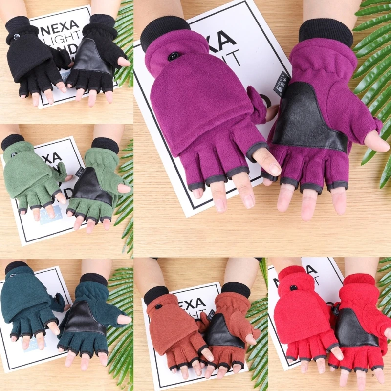 Guantes cálidos invierno, guantes sin dedos lana con orificio para pulgar, cubiertas para conducir, guante