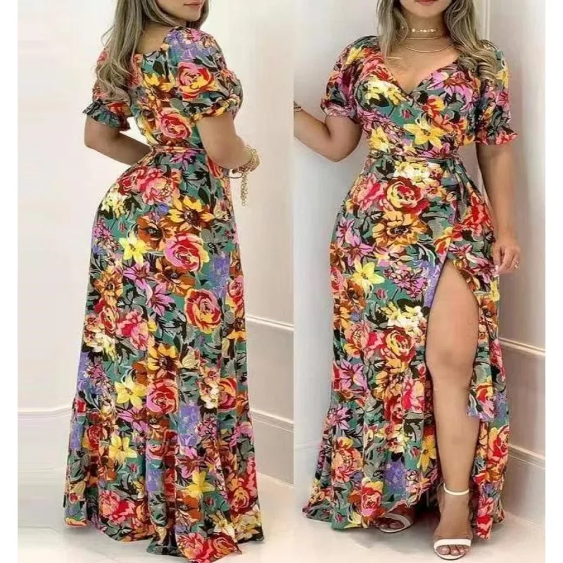 2024 Spring Summer New Women\'s Short Sleeve Printed V-neck Waist-Controlled Lace-up Dress Long Dress Floral Flower Printed