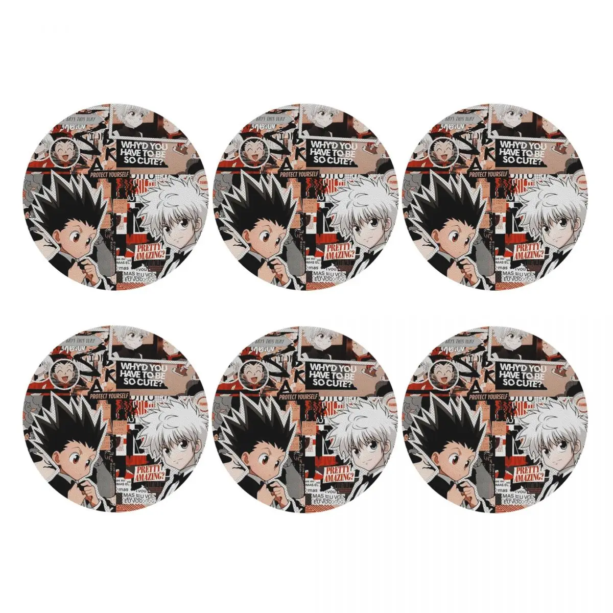 Anime HXH Hunter X Hunter Coasters PVC Leather Placemats Waterproof Coffee Mats for Decor Kitchen Dining Pads Set of 6