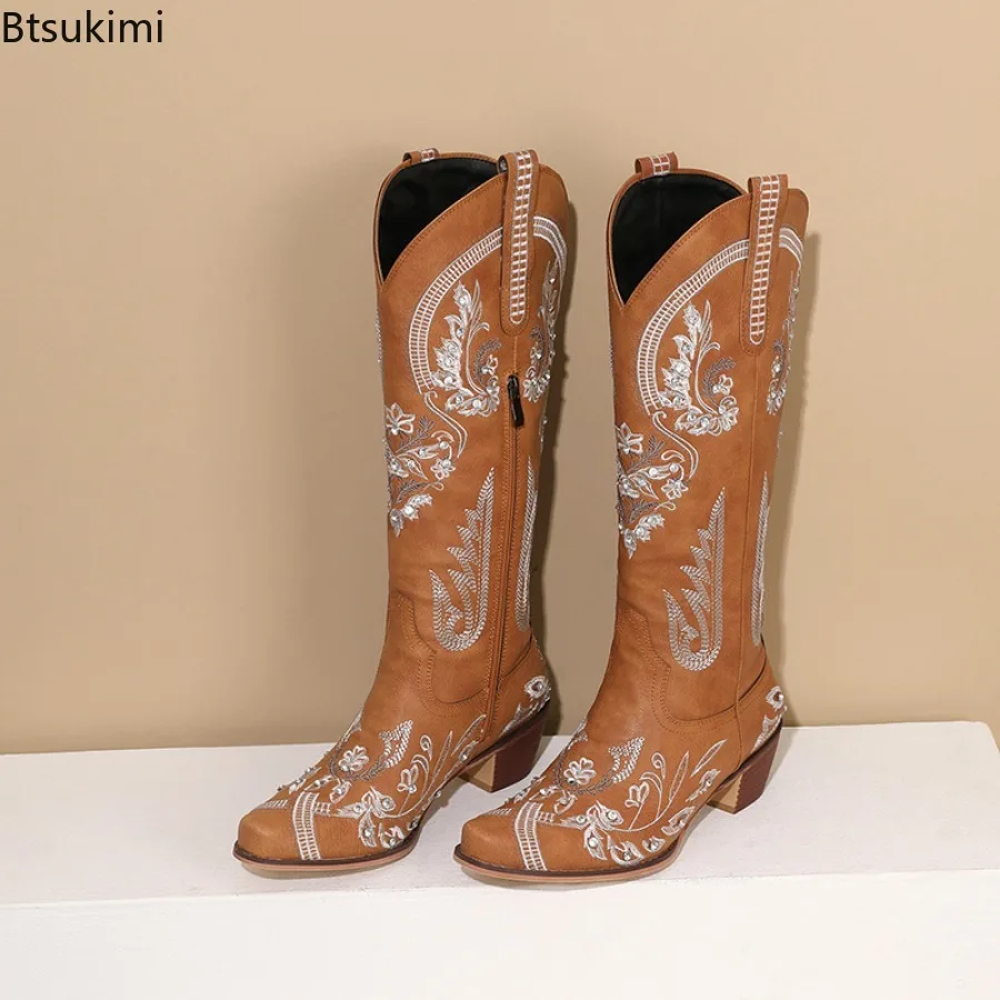 2026 Women's PU Leather Embroidered Western Boots Retro Pointed Toe Sewing Chunky Heel Side Zipper Ladies Fashion Shoes Botas