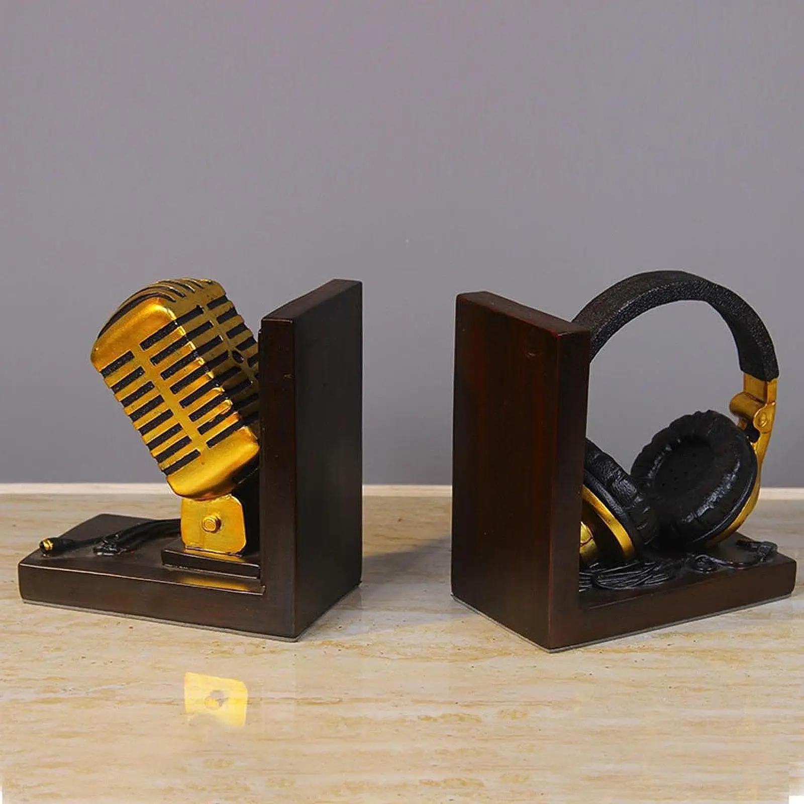 Bookends Book Stopper,Vintage,Resin,Tabletop Microphone Headphones Shape Book Holder for Desk for Study Living Room Office