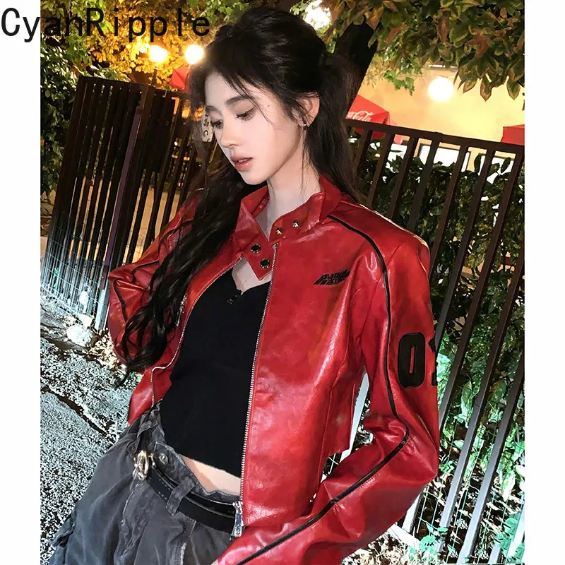 2026 New Spring Autumn Vintage Red Motorcycle Jackets Trendy Stand Collar Short Outerwear Letters Embroidery PU Leather Coat