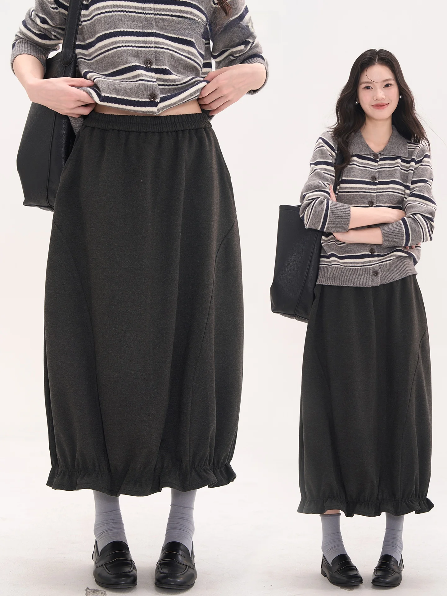 

Heme Flower Bud Girl's f Skirt with Lace Hemline Woolen Mid-Length Women's Faion High Waist Polyester Casual Skirt