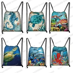 Cute Sea Animal Turtle Octopus Shark Backpack Women Canvas Shoulder Bags for Travel Drawstring Bags Book Beach Bag Shoes Holder