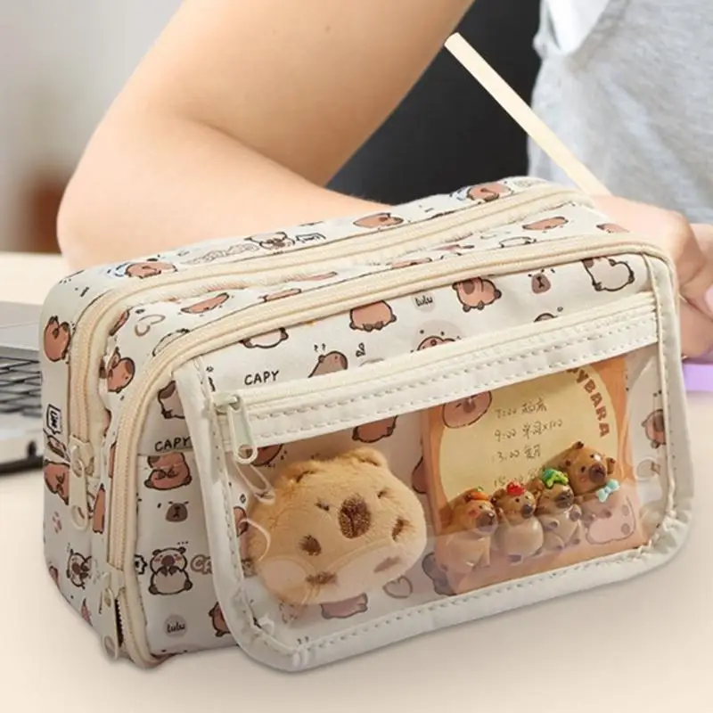 مقلمة كابيبارا اللطيفة المحمولة 9 مقصورة القرطاسية القلم انغلق واسعة فتح الفم قلم رصاص الحقيبة اللوازم المكتبية #4