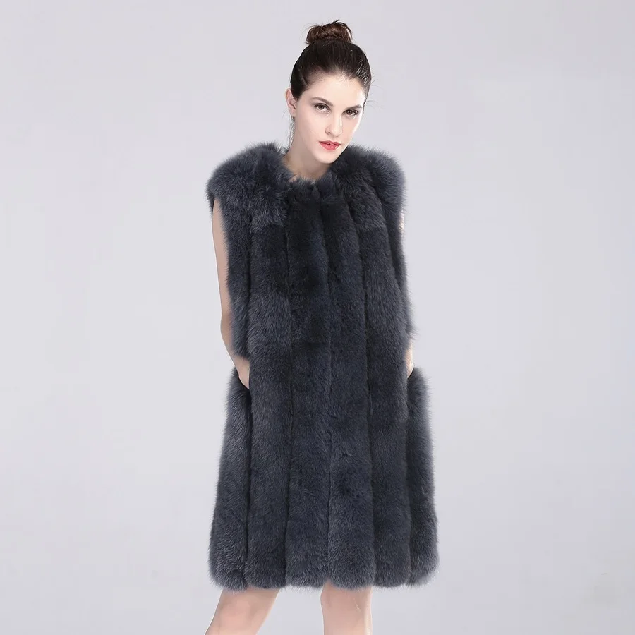 New 100% real fox fur Vest sleeveless long coat women genuine fox fur vest