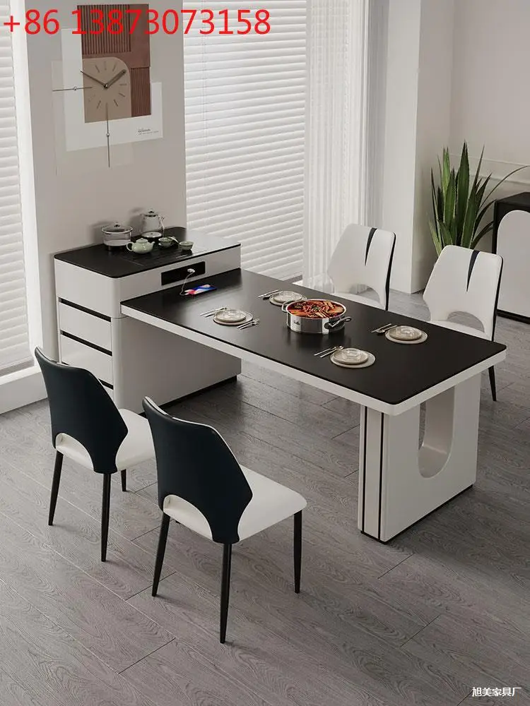 Modern minimalist retractable island rock slab table and multi-functional dining table open restaurant home integration