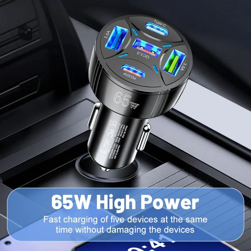 New 65W Car Charger 5 in 1 Cell Phone Super Fast Charger Head USB Cars Charger for Tybe C/Android Fast Charging Car Chargers