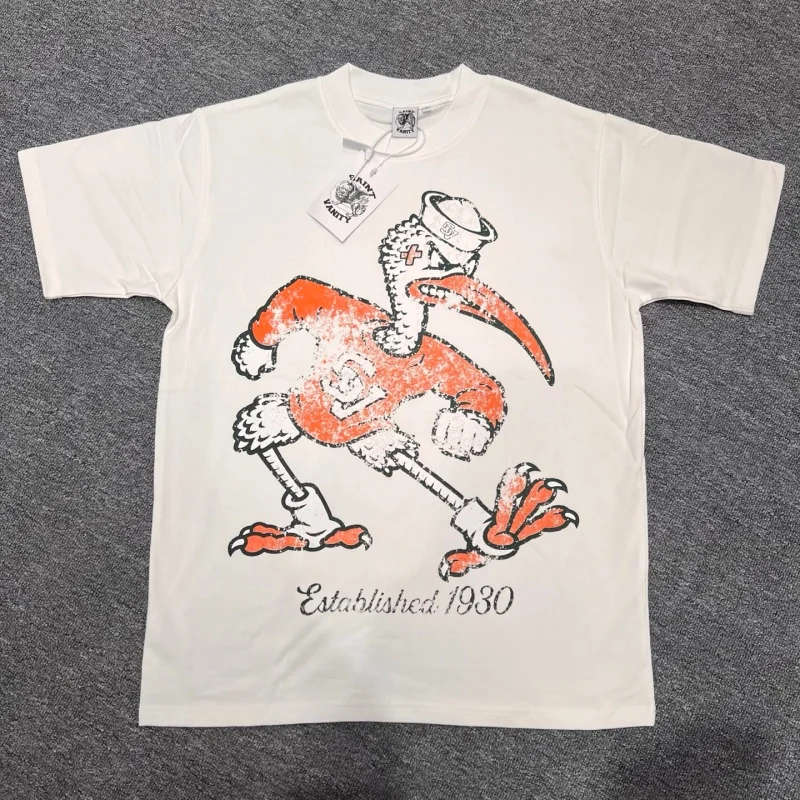 Vintage Washed T Shirt Unisex Retro Cartoon Pelican Graphic Print White Black Cotton Short Sleeve Tee