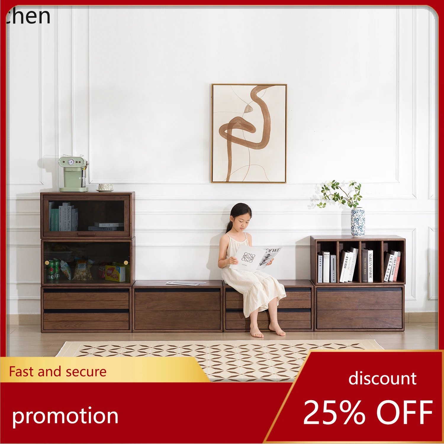 

HXL Black Walnut Wood Module TV Cabinet Free Combination Bookcase Solid Wood Display Cabinet