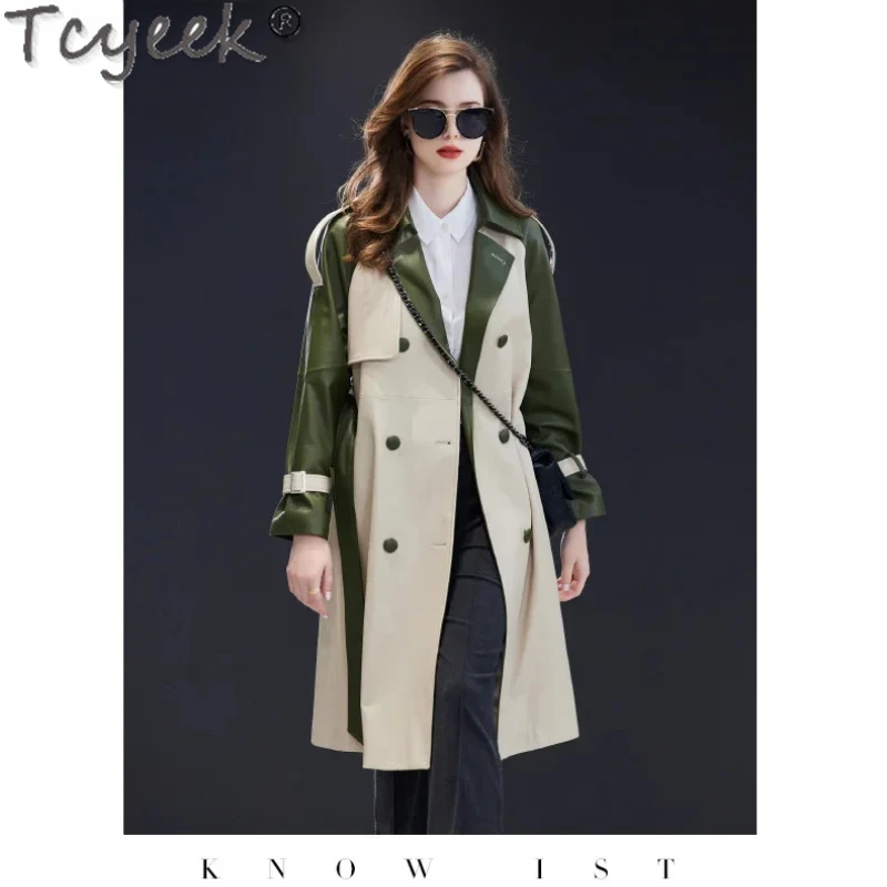 Tcyeek Real Leather Jacket Women Natural Sheepskin Leather Coat Autumn Winter Clothes Belt Mid-length Trench Coats for Woman