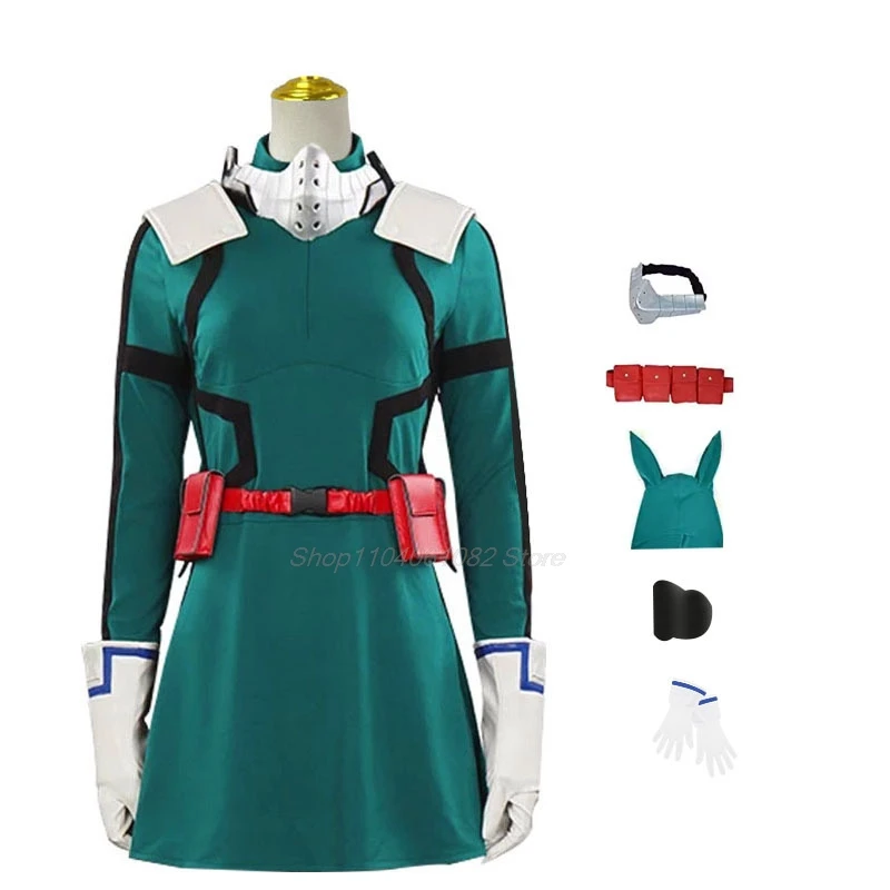 Anime Midoriya Izuku Cosplay My Hero Deku Green Skirt Girl Green Black Wig Academia Justice Uniform Prop Party Outfit for Women