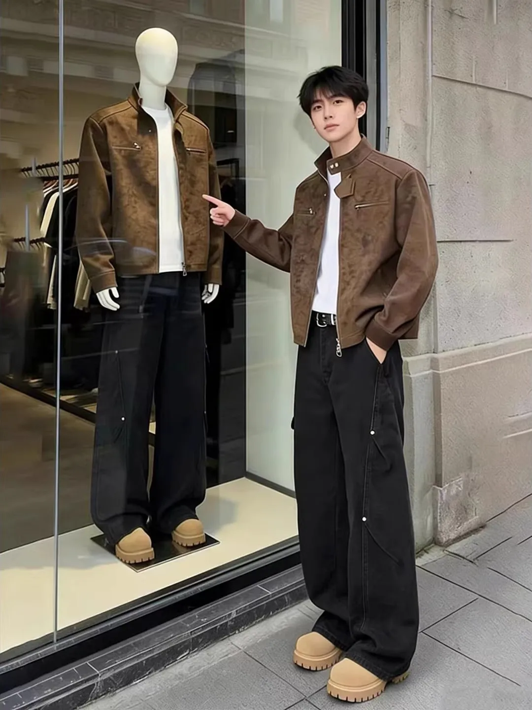 

Bla Pleated Workwear Jeans Men's American High Street Straight Leg Wide Leg Pants Cool Knife Angle Cut Flared Pants