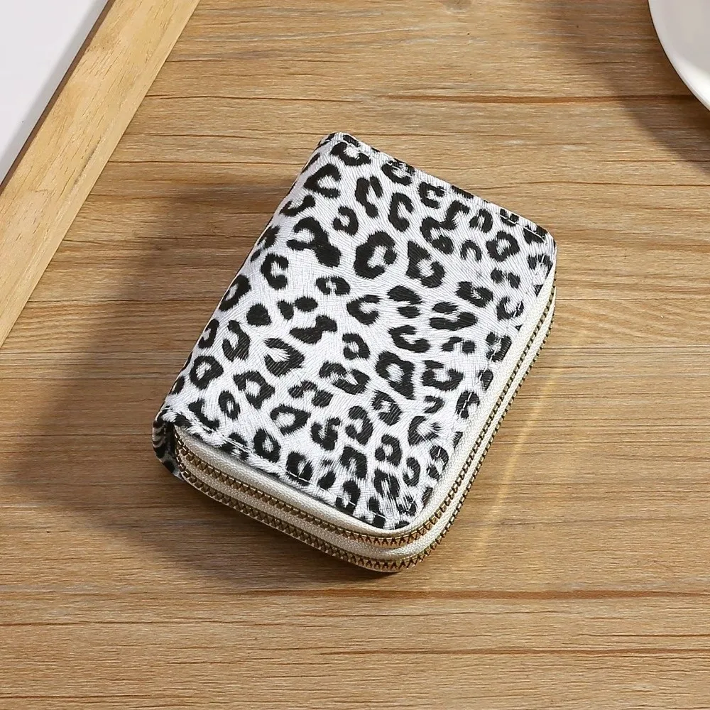 Cute Leopard Print Short Wallet Double Zipper Multi Card Slot Coin Purse Large Capacity PU Leather ID Holder For Women