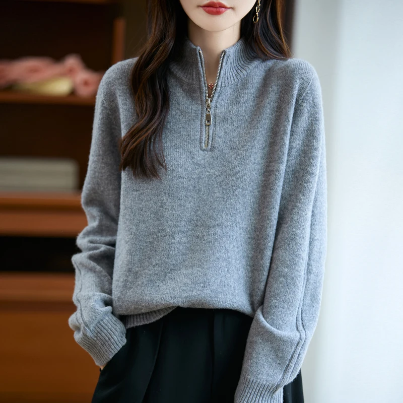 

Classic Women Autumn Winter Zipper Collar Thick Warm Knit Pullover Tops Casual Comfortable Jumper Woman 100% Merino Wool Sweater