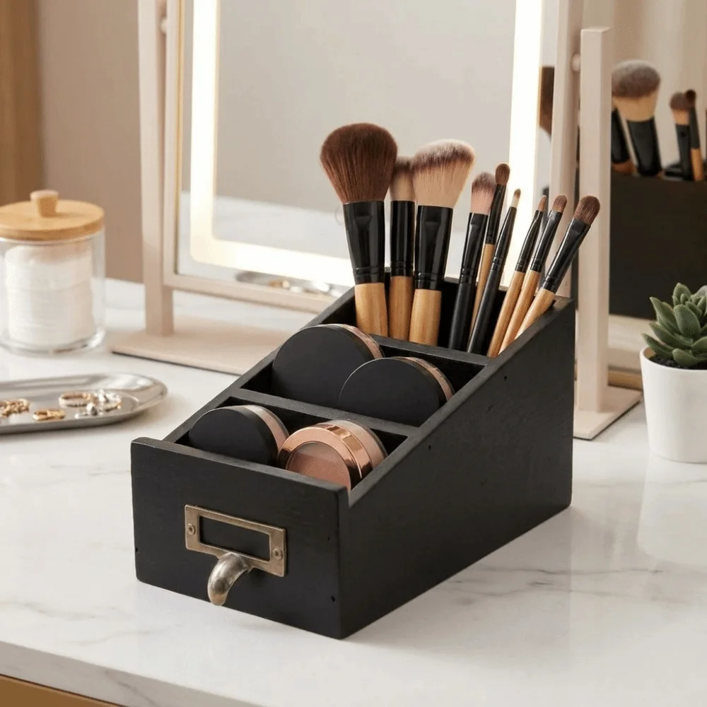 Durable Wooden Remote Control Holder Decorative Vintage Style Makeup Brush Holder with 3 Compartments Pen Holder for Living Room