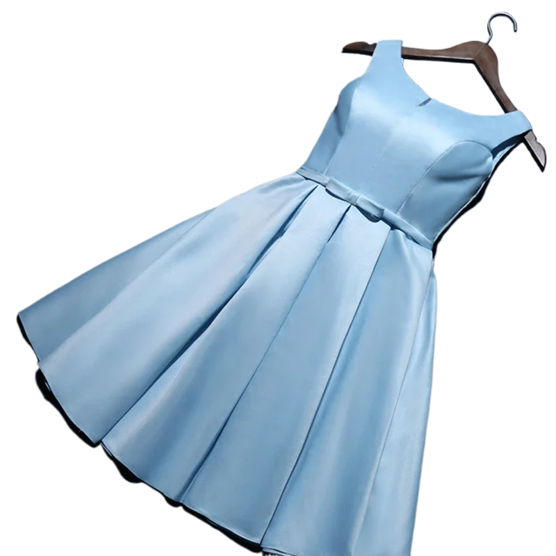 Vestidos femininos de cetim, vestido de dama de honra rejeitado, azul celeste, vestidos curtos de baile, festa à noite formal e elegante