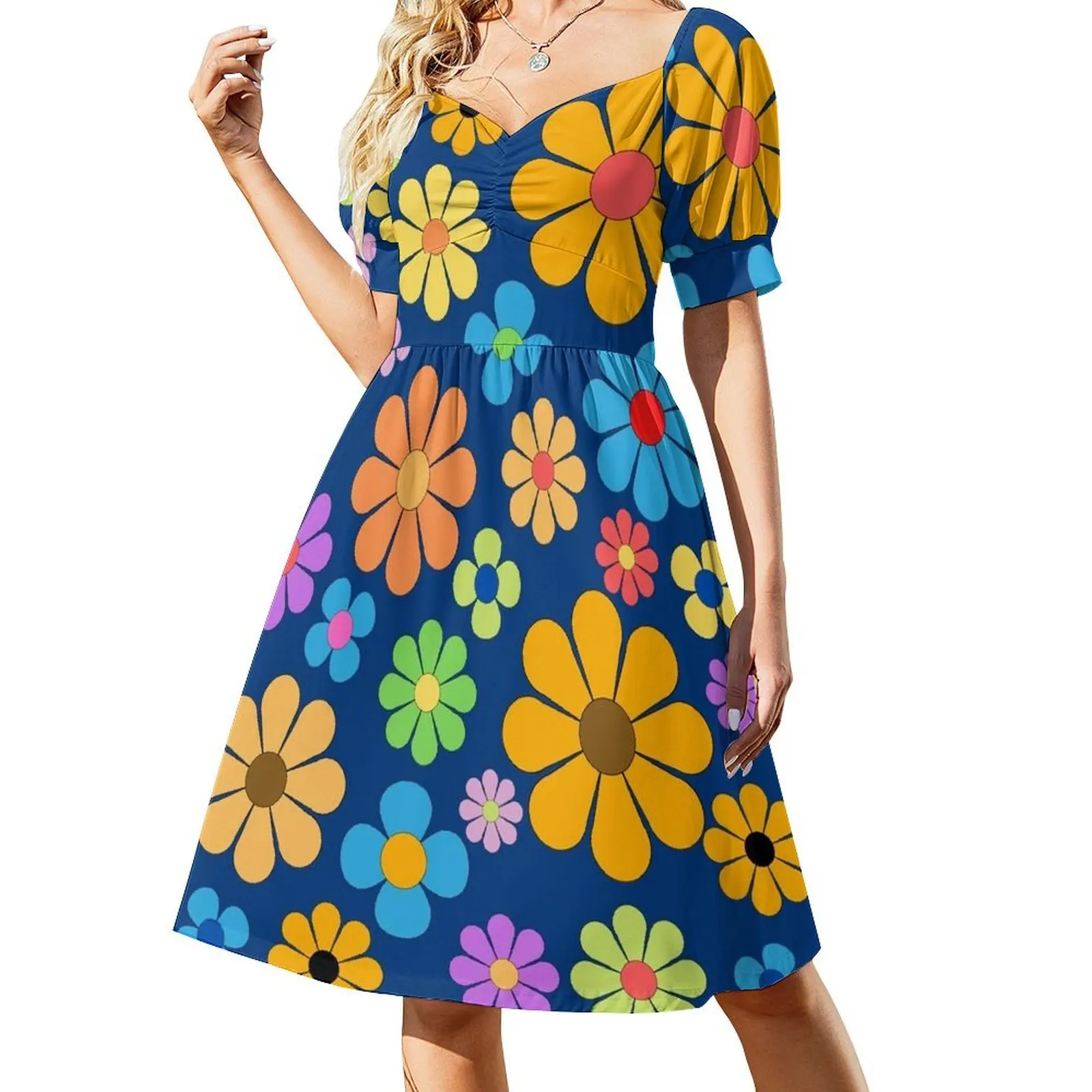 

Flower Power- Retro 60s 70s flowers Short Sleeved Dress evening dresses luxury 2025 Woman clothing Dress