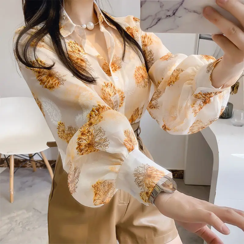 Vintage Printed Fashion Lapel Puff Sleeve Button Loose Chiffon Shirt Plus Size Spring Autumn Blouse Casual Female Clothing Tops