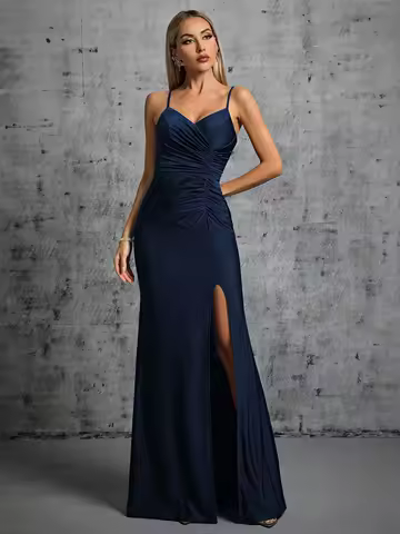 Mgiacy Halter pleated irregular slit fishtail skirt Evening gown Ball dress Party dress Bridesmaid dress