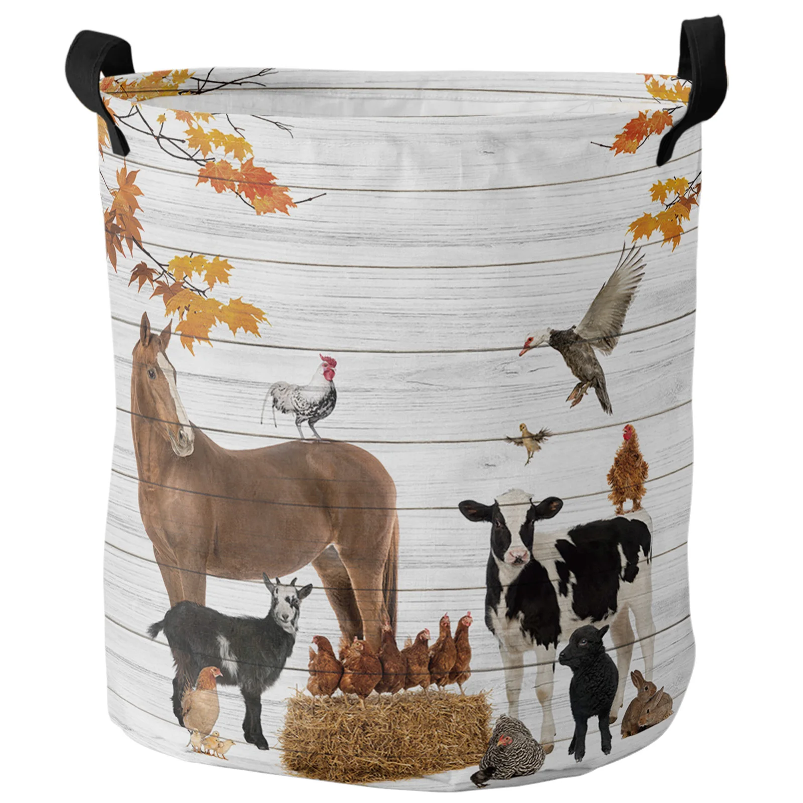 Fall Horse Cow Deciduous Wood Grain Foldable Laundry Basket Toy Storage Basket Waterproof Laundry Room Dirty Clothing Organizer